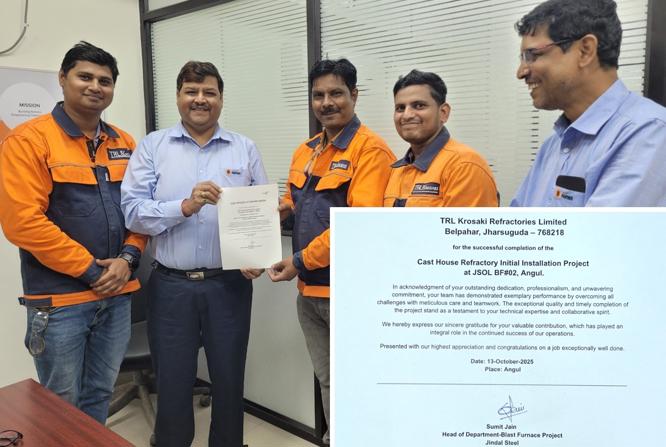 TEAM TRLK, JSOL–Angul has received a Certificate of Appreciation for the successful and safe completion of the Cast House Runner initial refractory installation for BF#2